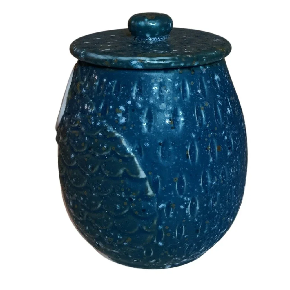 Blue & White Owl Tea Cup, Jar, Or Canister With Lid Speckled Ceramic 3.5